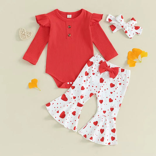 Baby Girls Valentine's Day Long Sleeve and Elastic Heart Print Flared Pants Set
